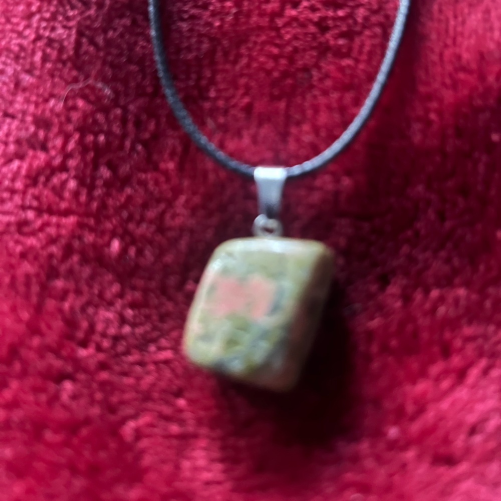 Hand Crafted Green Unakite Irregular Cube Corded Medallion Necklace Handmade